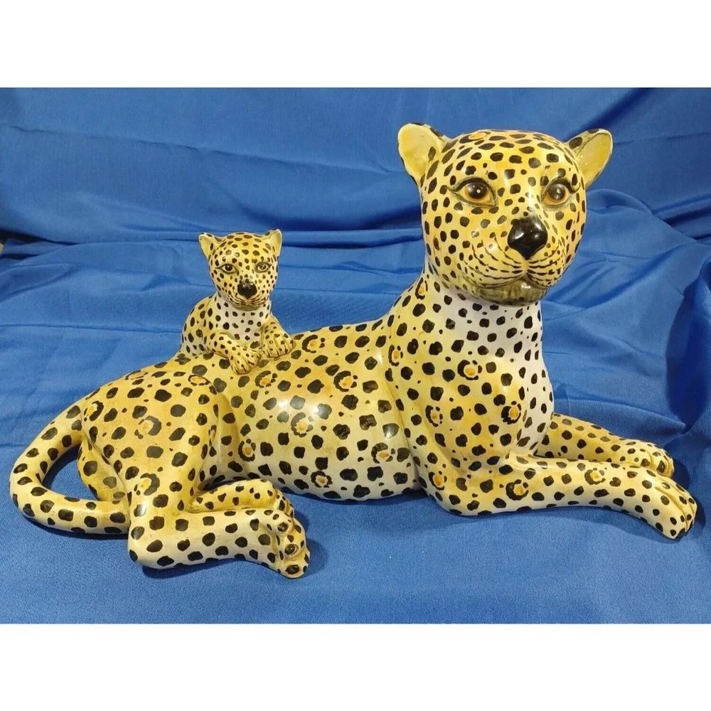 Vtg 19.5" Ronzan Cheetah Leopard Cat Cub Sculpture Statue Italy Cerami… - Picture 1 of 16